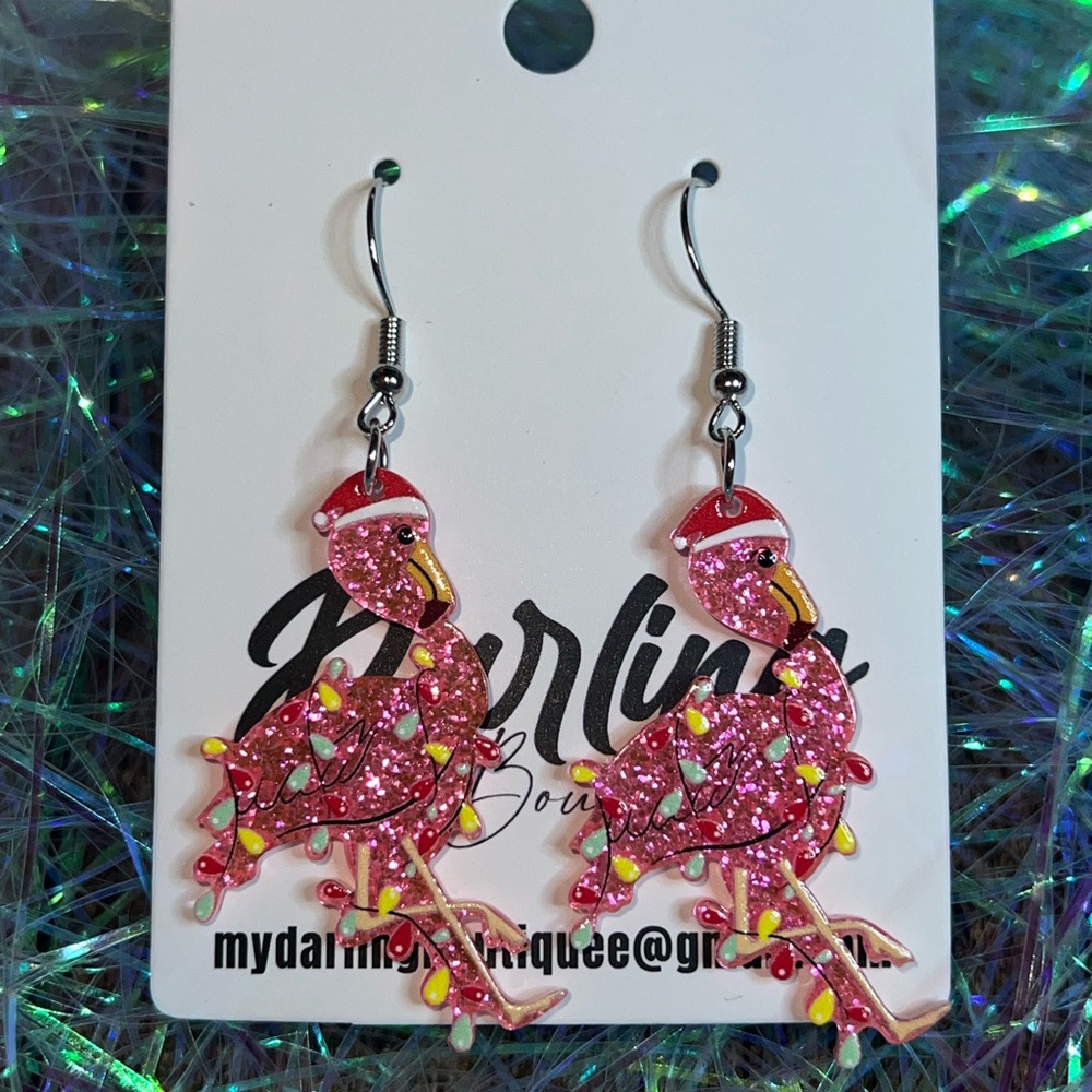 Pink Flamingo Glitter Earrings Christmas